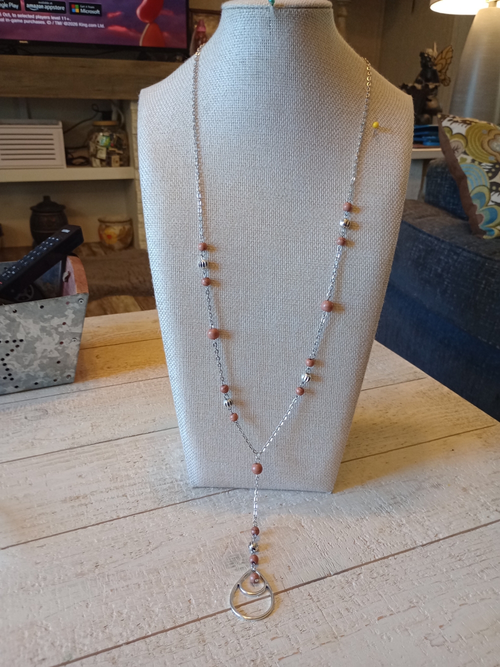 Delicate Silver Drop Necklace with Brown Beads